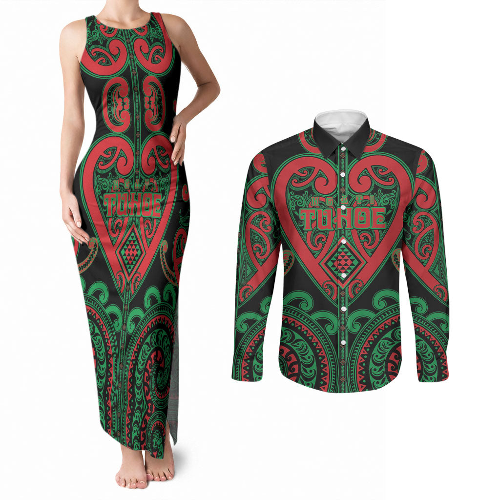 Custom Aotearoa Ngai Tuhoe Couples Matching Tank Maxi Dress and Long Sleeve Button Shirt Maori Tribal Pattern LT05 Black - Polynesian Pride