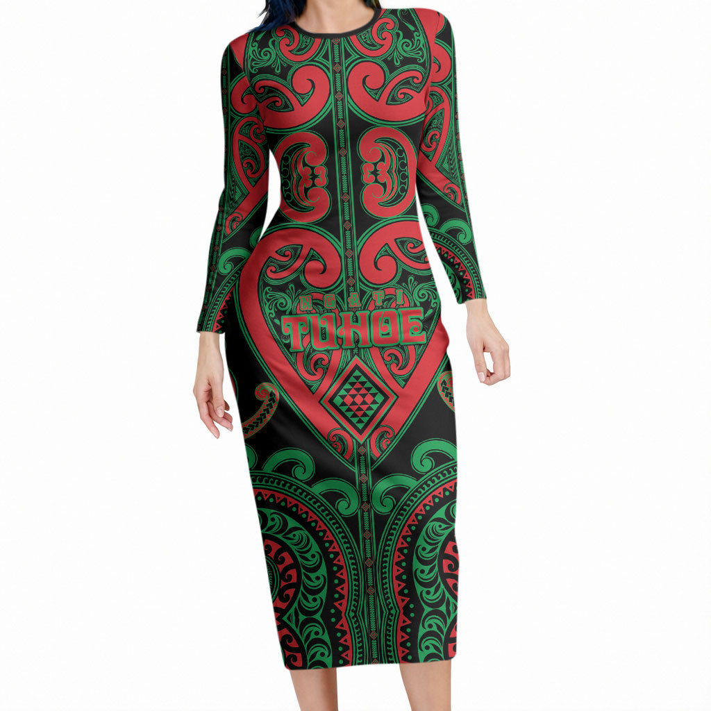 Custom Aotearoa Ngai Tuhoe Long Sleeve Bodycon Dress Maori Tribal Pattern LT05 Long Dress Black - Polynesian Pride