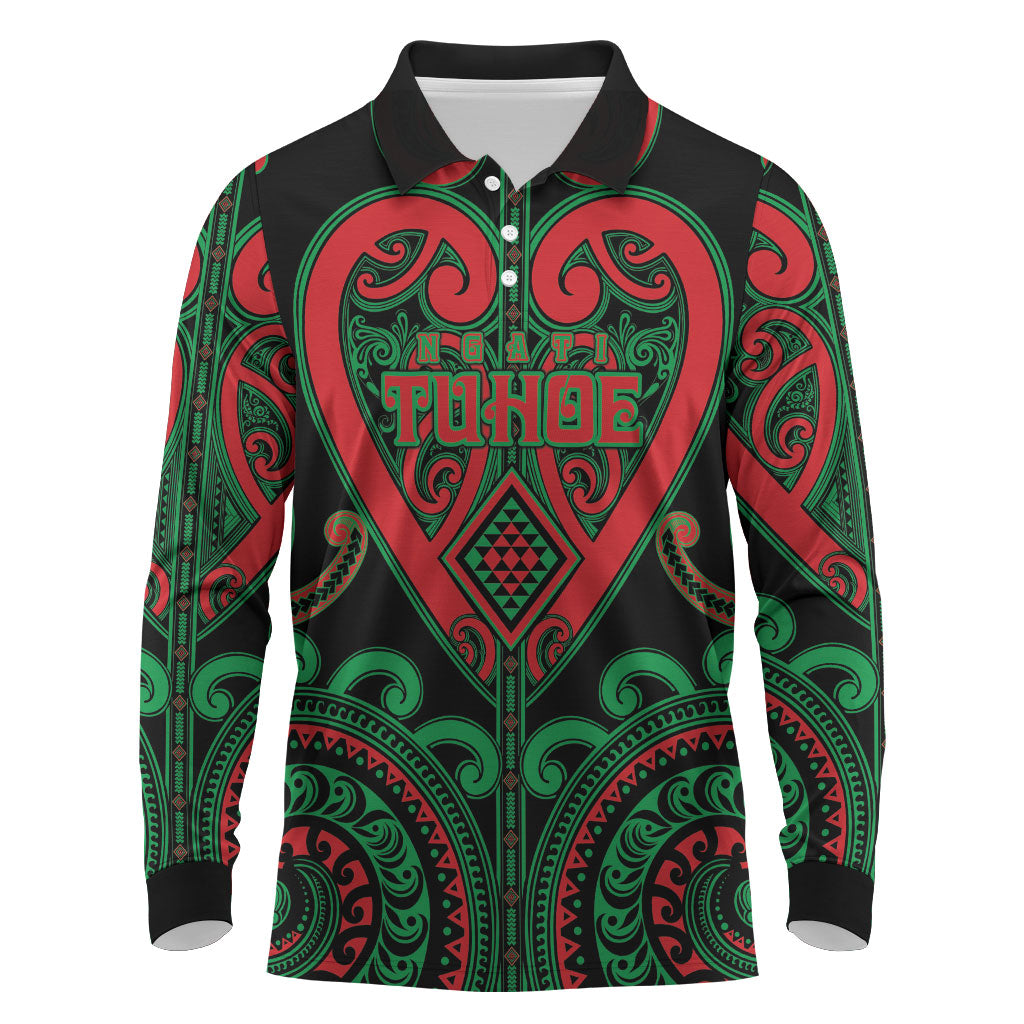 Custom Aotearoa Ngai Tuhoe Long Sleeve Polo Shirt Maori Tribal Pattern LT05 Black - Polynesian Pride