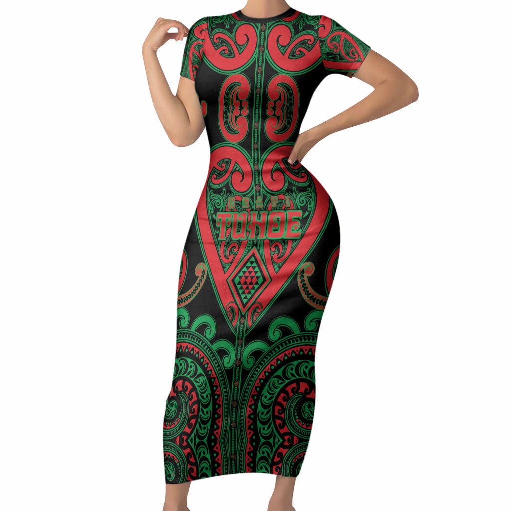 Custom Aotearoa Ngai Tuhoe Short Sleeve Bodycon Dress Maori Tribal Pattern LT05 Long Dress Black - Polynesian Pride