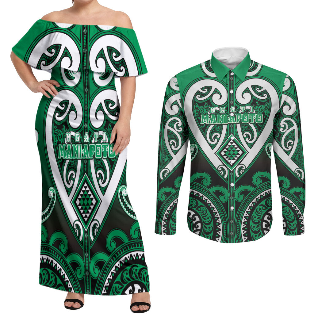 Custom Aotearoa Ngati Maniapoto Couples Matching Off Shoulder Maxi Dress and Long Sleeve Button Shirt Maori Tribal Pattern LT05 Green - Polynesian Pride