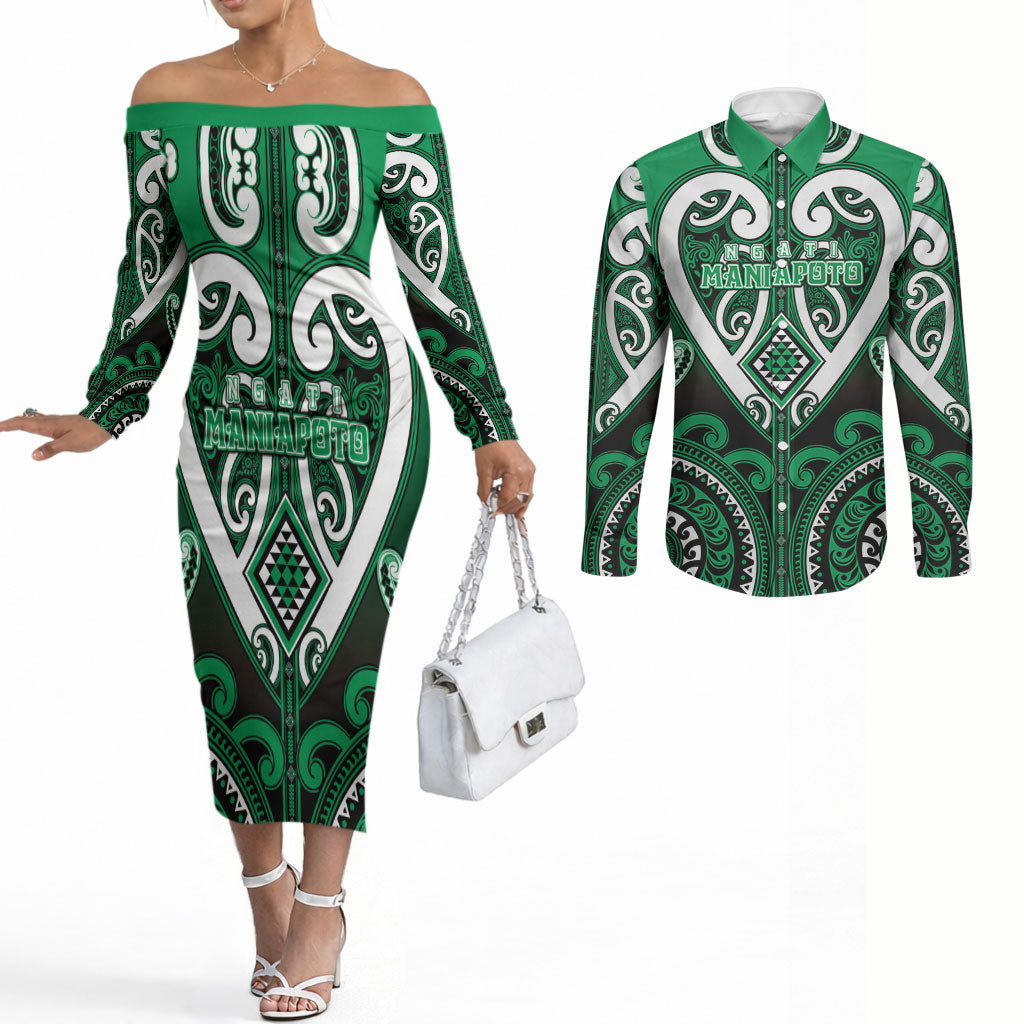 Custom Aotearoa Ngati Maniapoto Couples Matching Off The Shoulder Long Sleeve Dress and Long Sleeve Button Shirt Maori Tribal Pattern LT05 Green - Polynesian Pride