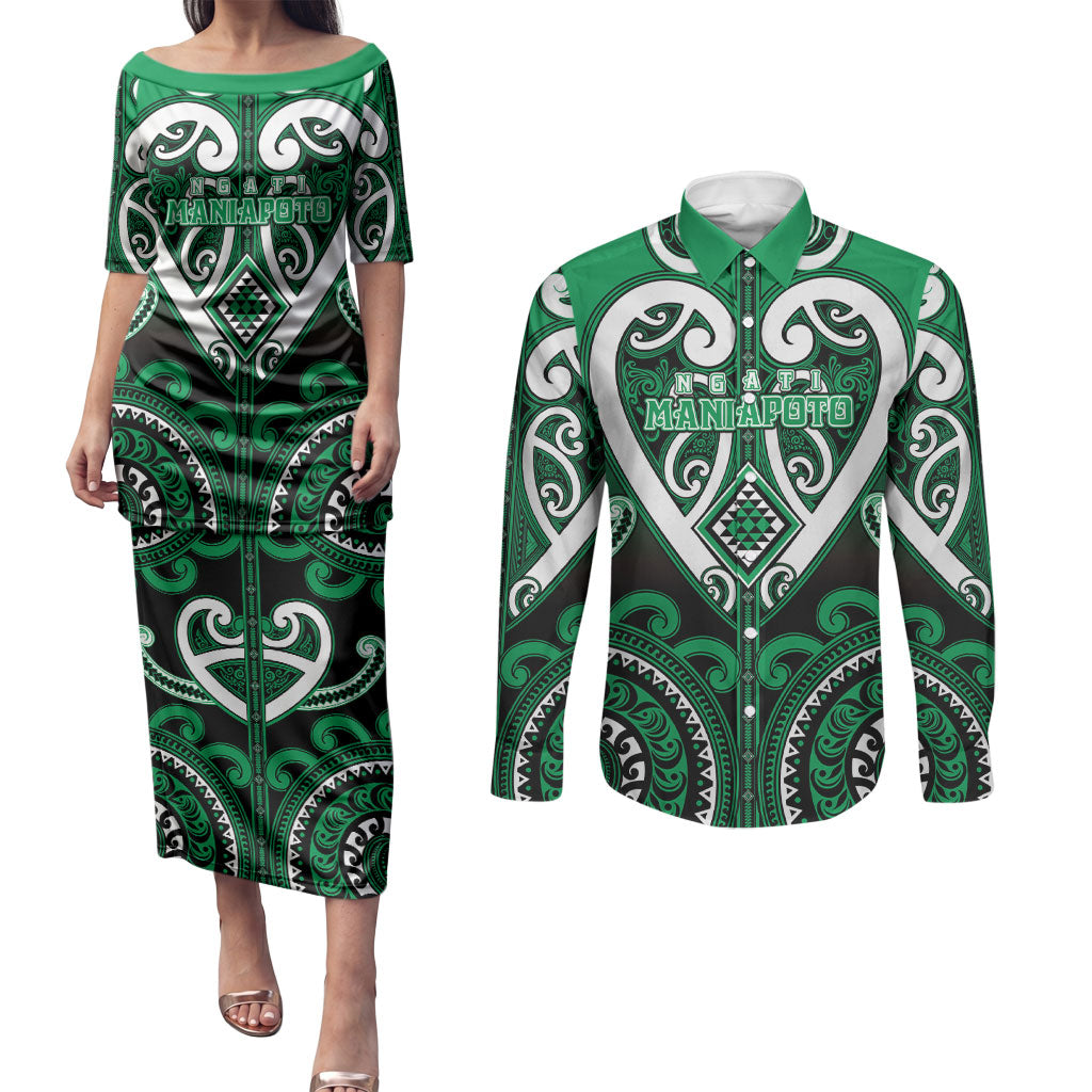 Custom Aotearoa Ngati Maniapoto Couples Matching Puletasi and Long Sleeve Button Shirt Maori Tribal Pattern LT05 Green - Polynesian Pride
