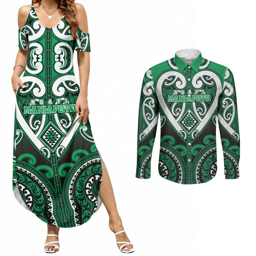 Custom Aotearoa Ngati Maniapoto Couples Matching Summer Maxi Dress and Long Sleeve Button Shirt Maori Tribal Pattern LT05 Green - Polynesian Pride