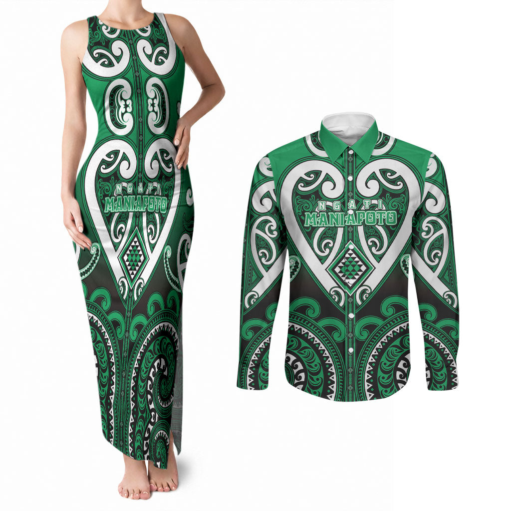 Custom Aotearoa Ngati Maniapoto Couples Matching Tank Maxi Dress and Long Sleeve Button Shirt Maori Tribal Pattern LT05 Green - Polynesian Pride