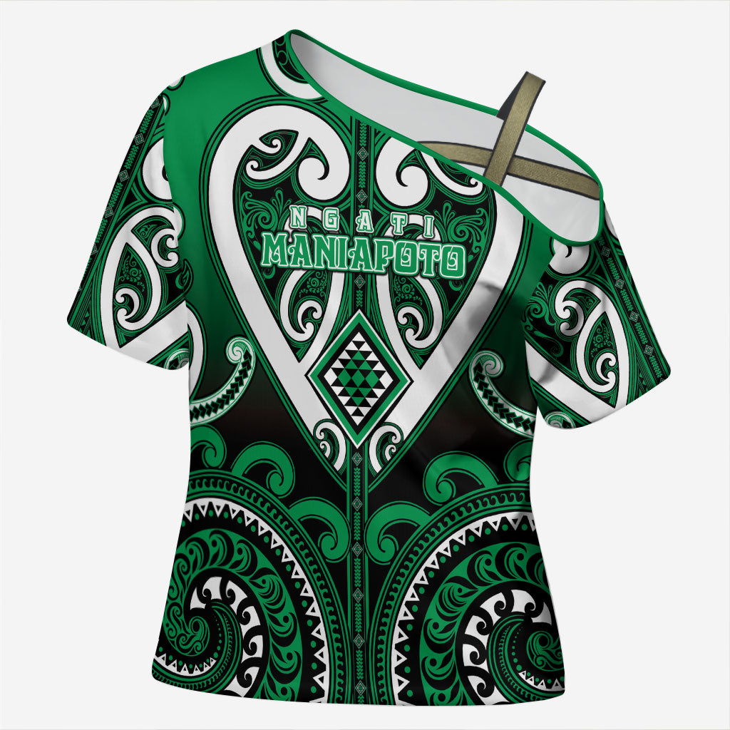 Custom Aotearoa Ngati Maniapoto Cross Shoulder Shirt Maori Tribal Pattern LT05 Female Green - Polynesian Pride