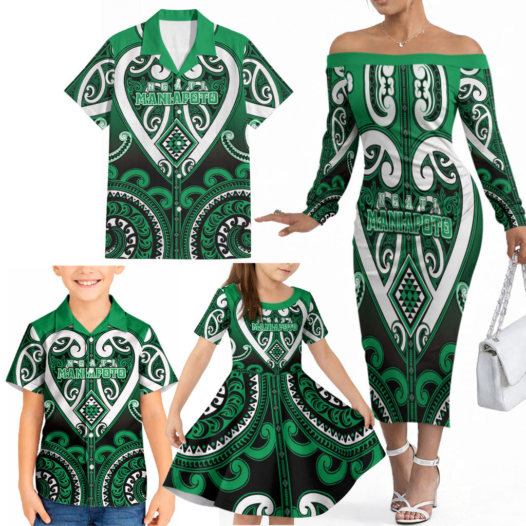 Custom Aotearoa Ngati Maniapoto Family Matching Off The Shoulder Long Sleeve Dress and Hawaiian Shirt Maori Tribal Pattern
