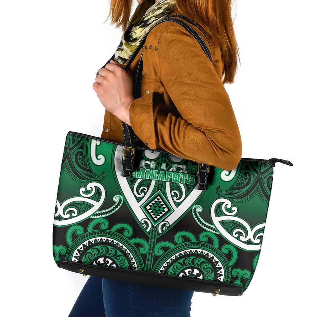 Aotearoa Ngati Maniapoto Leather Tote Bag Maori Tribal Pattern LT05 Green - Polynesian Pride