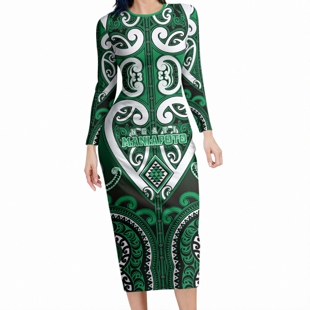 Custom Aotearoa Ngati Maniapoto Long Sleeve Bodycon Dress Maori Tribal Pattern LT05 Long Dress Green - Polynesian Pride