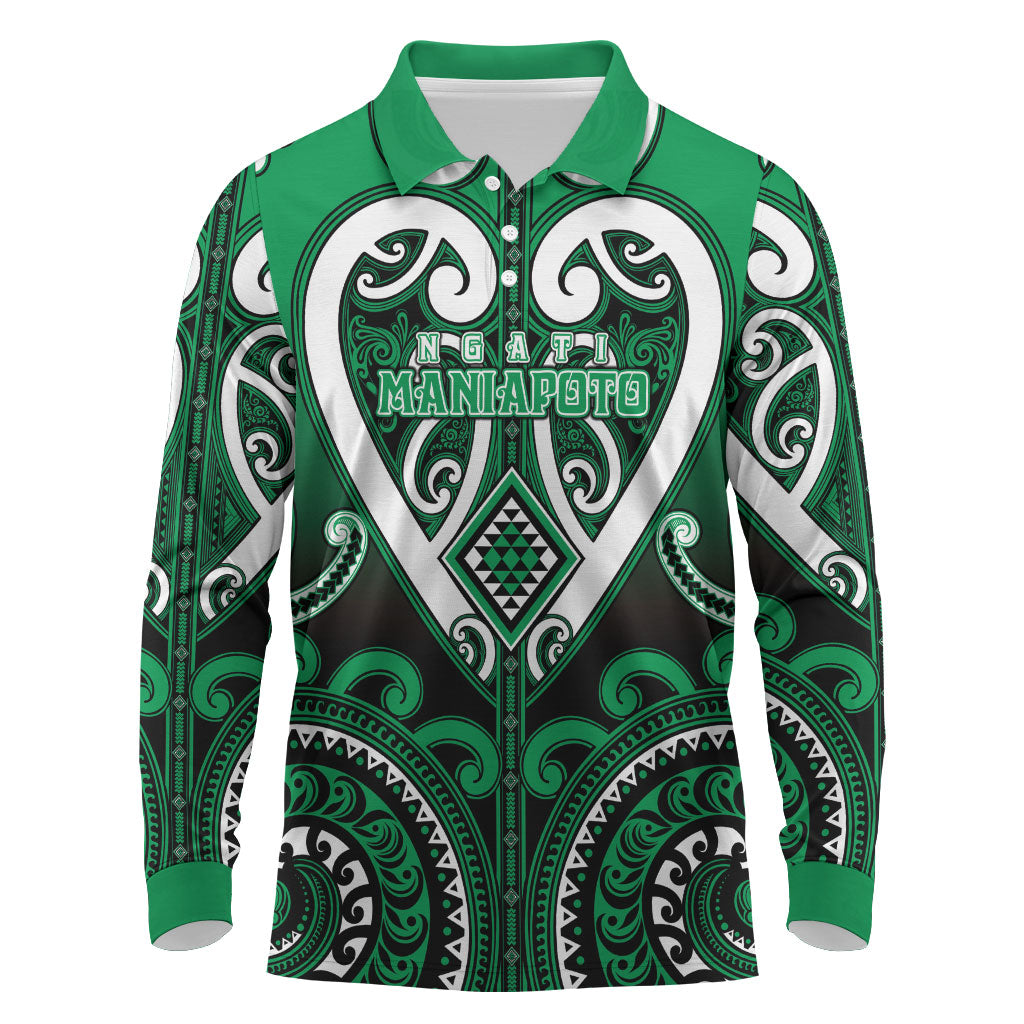 Custom Aotearoa Ngati Maniapoto Long Sleeve Polo Shirt Maori Tribal Pattern LT05 Green - Polynesian Pride