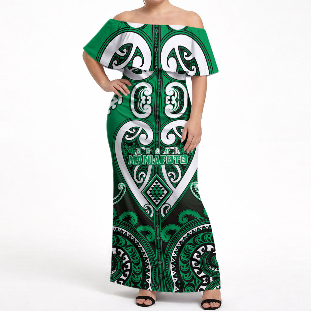 Custom Aotearoa Ngati Maniapoto Off Shoulder Maxi Dress Maori Tribal Pattern LT05 Women Green - Polynesian Pride