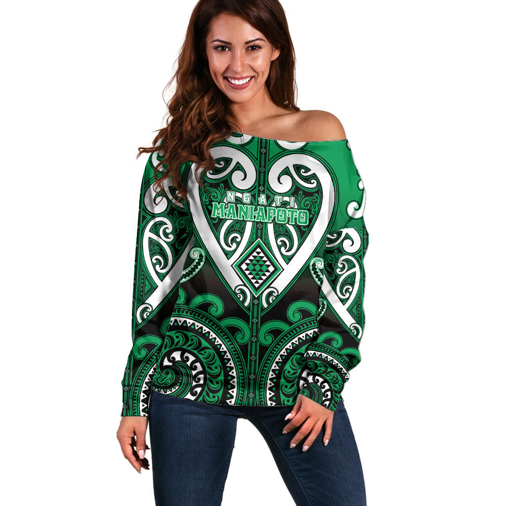 Custom Aotearoa Ngati Maniapoto Off Shoulder Sweater Maori Tribal Pattern LT05 Women Green - Polynesian Pride