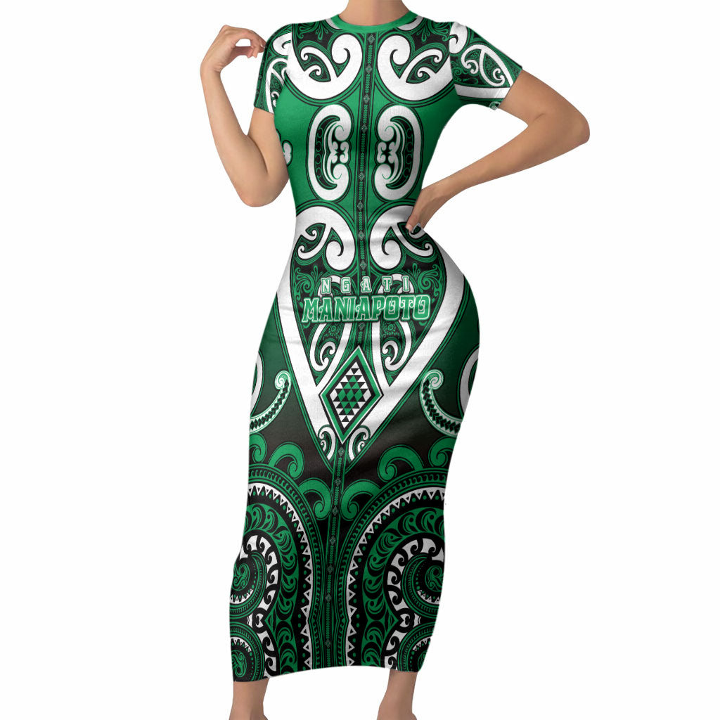 Custom Aotearoa Ngati Maniapoto Short Sleeve Bodycon Dress Maori Tribal Pattern LT05 Long Dress Green - Polynesian Pride