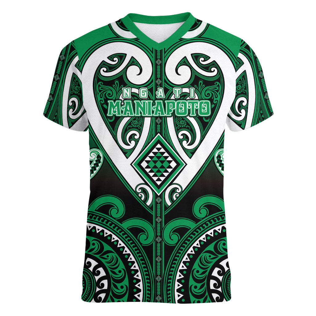 Custom Aotearoa Ngati Maniapoto Women V-Neck T-Shirt Maori Tribal Pattern LT05 Female Green - Polynesian Pride