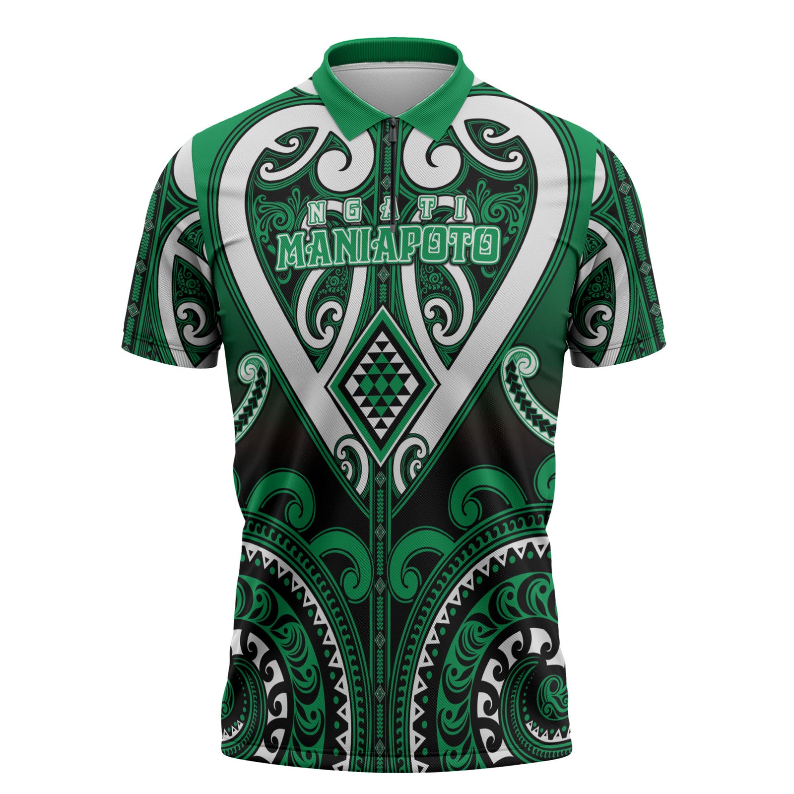 Custom Aotearoa Ngati Maniapoto Zipper Polo Shirt Maori Tribal Pattern LT05 Green - Polynesian Pride