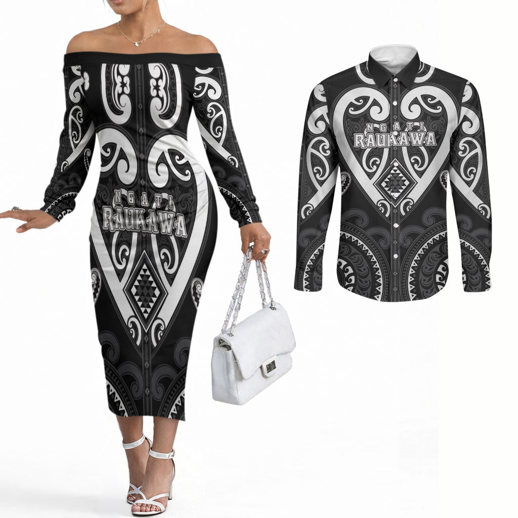 Custom Aotearoa Ngati Raukawa Couples Matching Off The Shoulder Long Sleeve Dress and Long Sleeve Button Shirt Maori Tribal Pattern LT05 Black - Polynesian Pride