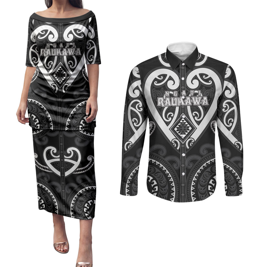 Custom Aotearoa Ngati Raukawa Couples Matching Puletasi and Long Sleeve Button Shirt Maori Tribal Pattern LT05 Black - Polynesian Pride