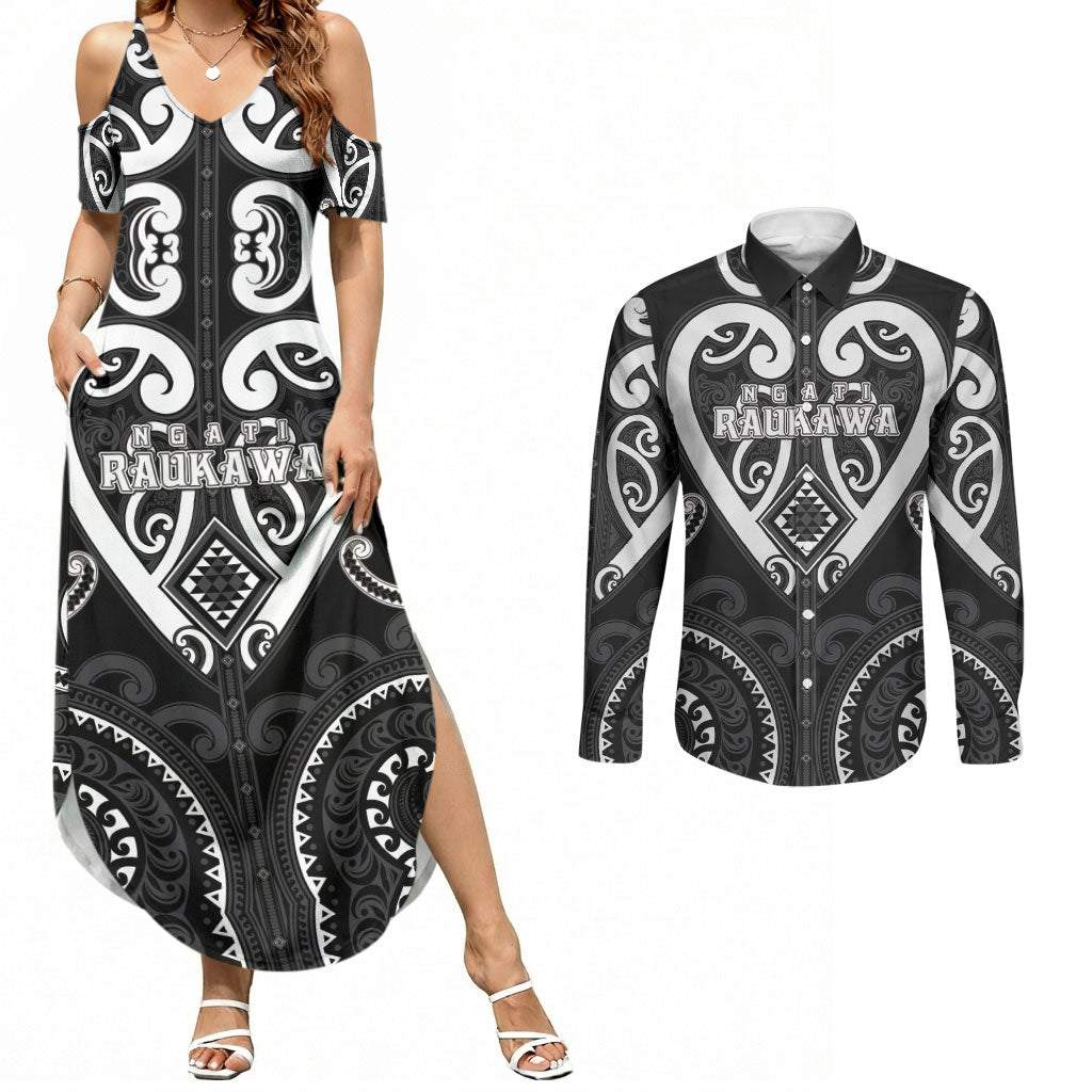 Custom Aotearoa Ngati Raukawa Couples Matching Summer Maxi Dress and Long Sleeve Button Shirt Maori Tribal Pattern LT05 Black - Polynesian Pride