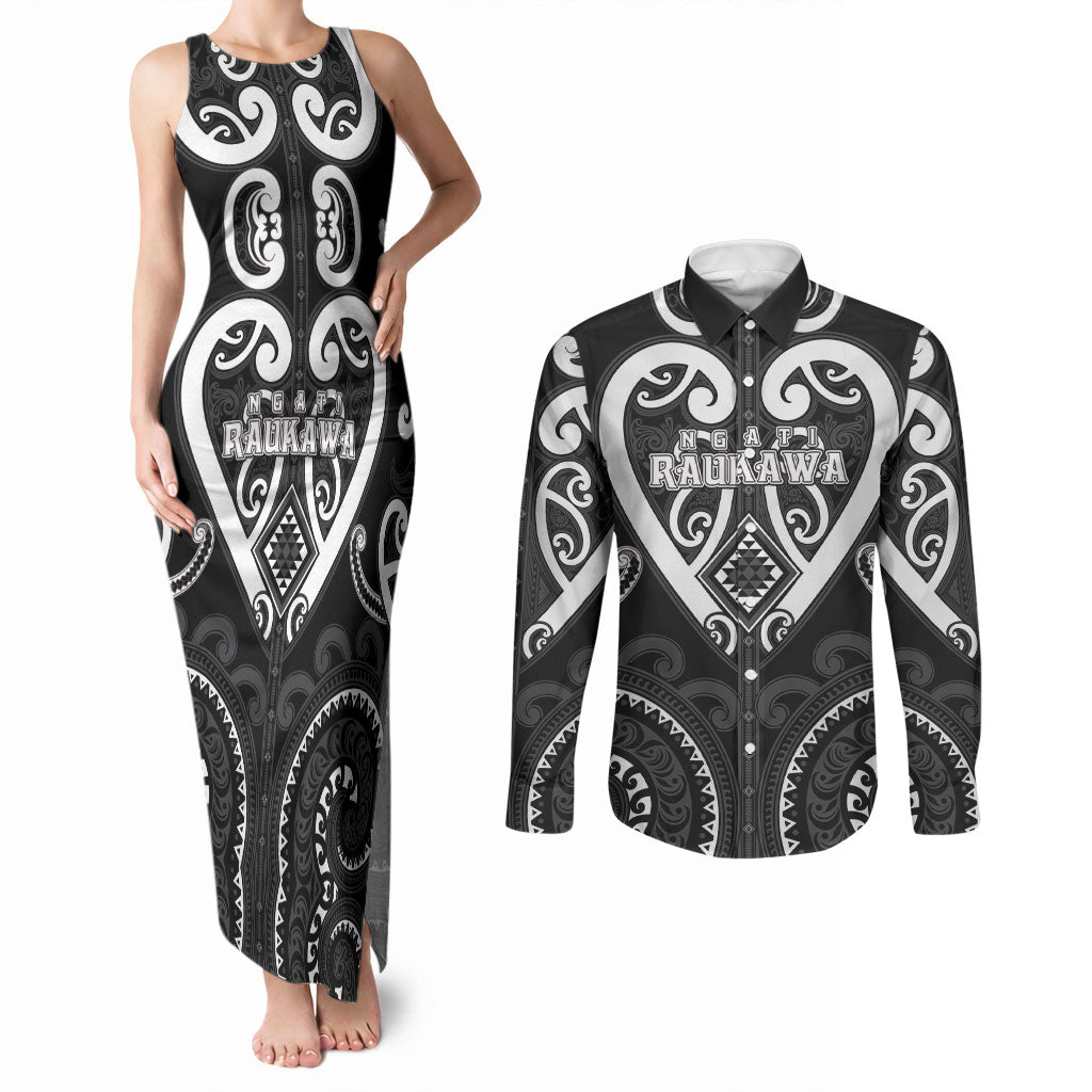 Custom Aotearoa Ngati Raukawa Couples Matching Tank Maxi Dress and Long Sleeve Button Shirt Maori Tribal Pattern LT05 Black - Polynesian Pride