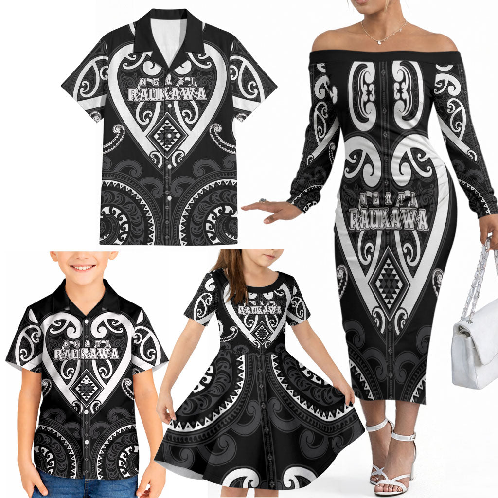 Custom Aotearoa Ngati Raukawa Family Matching Off The Shoulder Long Sleeve Dress and Hawaiian Shirt Maori Tribal Pattern LT05 - Polynesian Pride