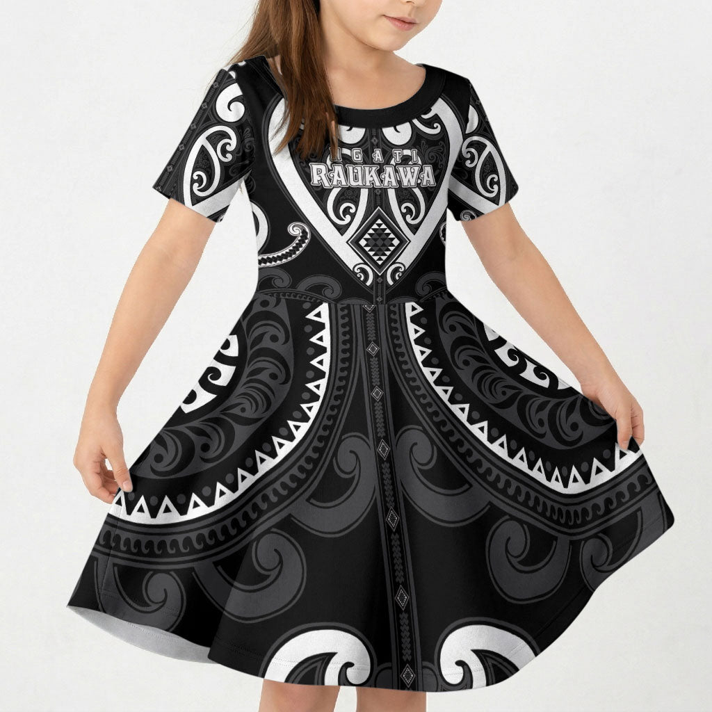 Custom Aotearoa Ngati Raukawa Kid Short Sleeve Dress Maori Tribal Pattern LT05 KID Black - Polynesian Pride