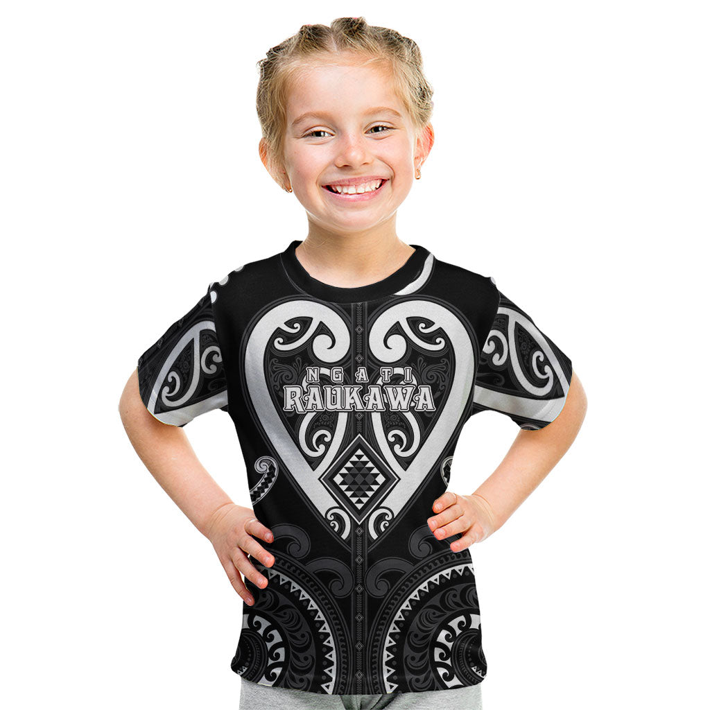 Custom Aotearoa Ngati Raukawa Kid T Shirt Maori Tribal Pattern LT05 Black - Polynesian Pride