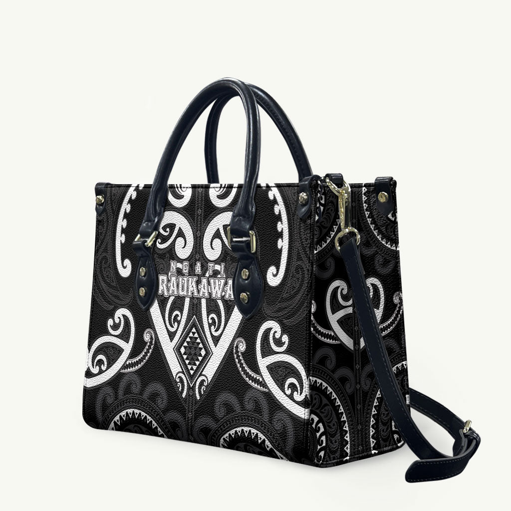 Aotearoa Ngati Raukawa Leather Bag Maori Tribal Pattern LT05 Black - Polynesian Pride