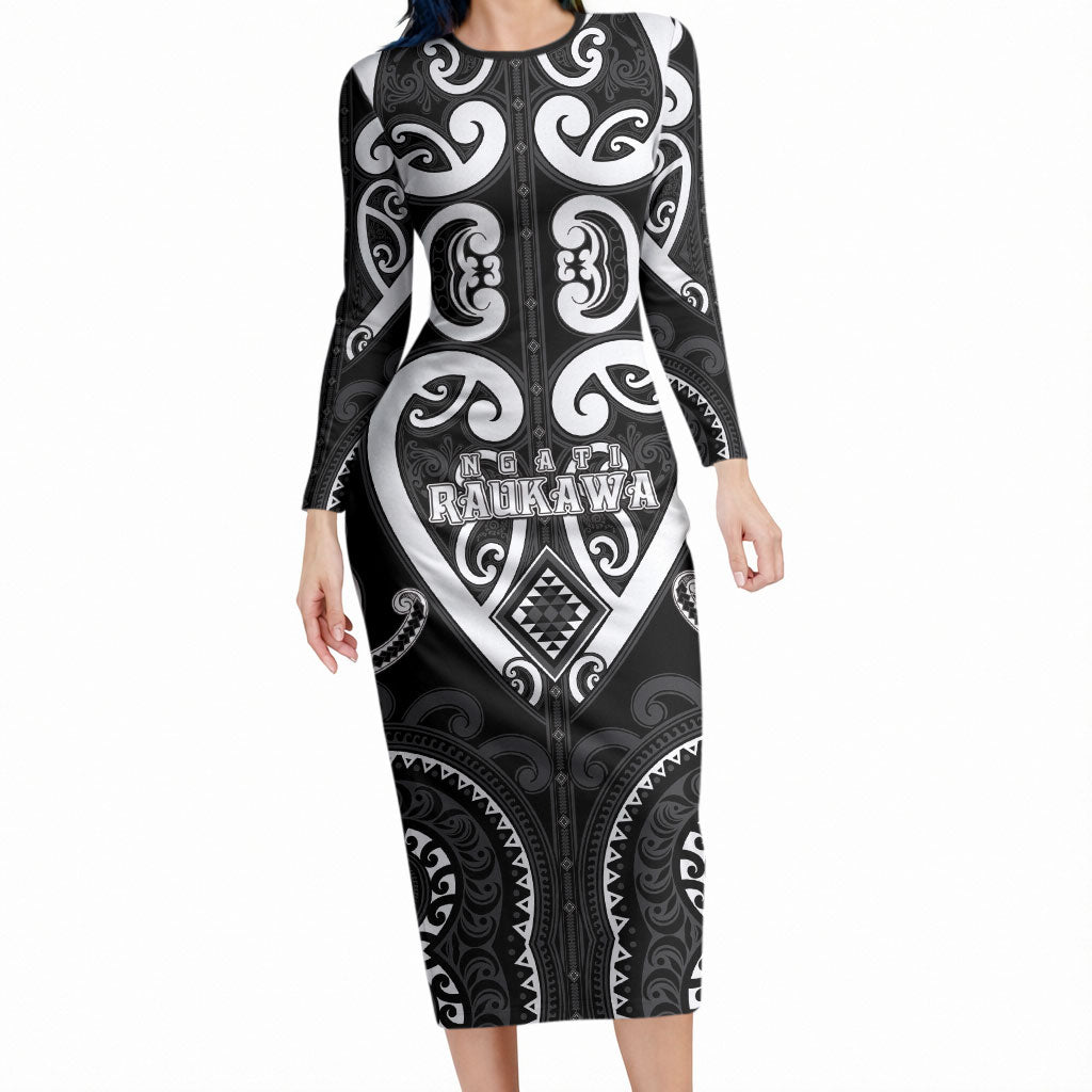 Custom Aotearoa Ngati Raukawa Long Sleeve Bodycon Dress Maori Tribal Pattern LT05 Long Dress Black - Polynesian Pride
