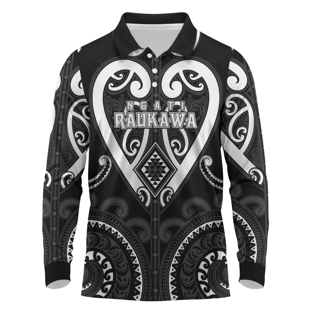 Custom Aotearoa Ngati Raukawa Long Sleeve Polo Shirt Maori Tribal Pattern LT05 Black - Polynesian Pride