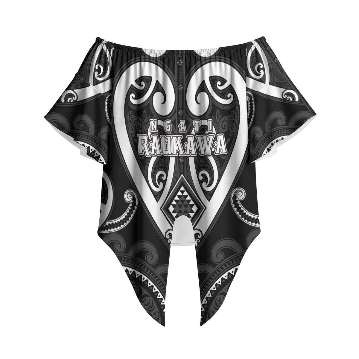 Custom Aotearoa Ngati Raukawa Off Shoulder Wrap Waist Top Maori Tribal Pattern LT05 Black - Polynesian Pride