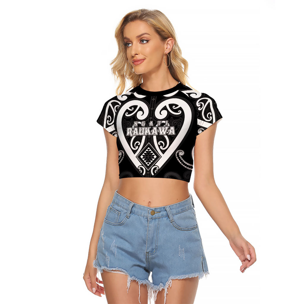 Custom Aotearoa Ngati Raukawa Raglan Cropped T Shirt Maori Tribal Pattern LT05 Female Black - Polynesian Pride