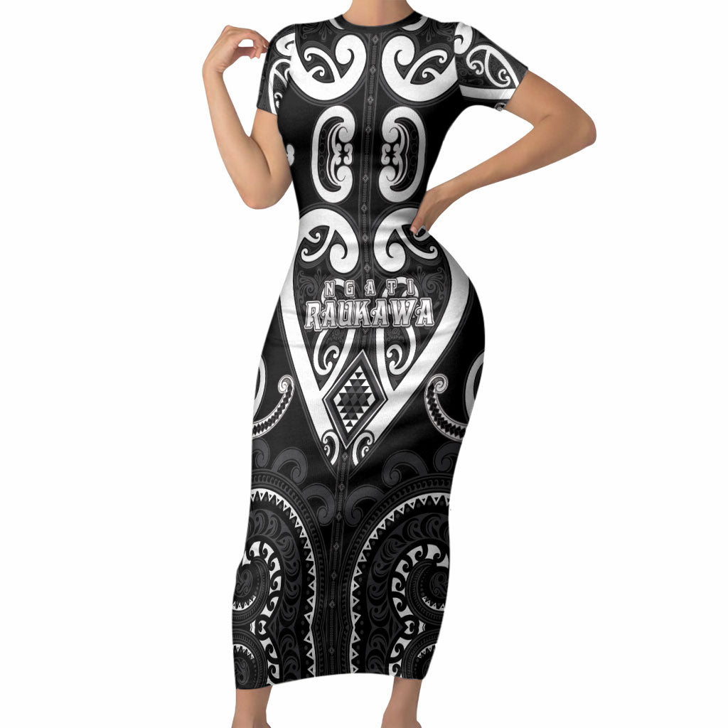 Custom Aotearoa Ngati Raukawa Short Sleeve Bodycon Dress Maori Tribal Pattern LT05 Long Dress Black - Polynesian Pride