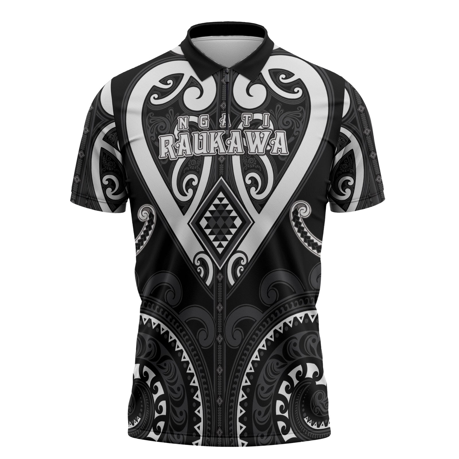 Custom Aotearoa Ngati Raukawa Zipper Polo Shirt Maori Tribal Pattern LT05 Black - Polynesian Pride