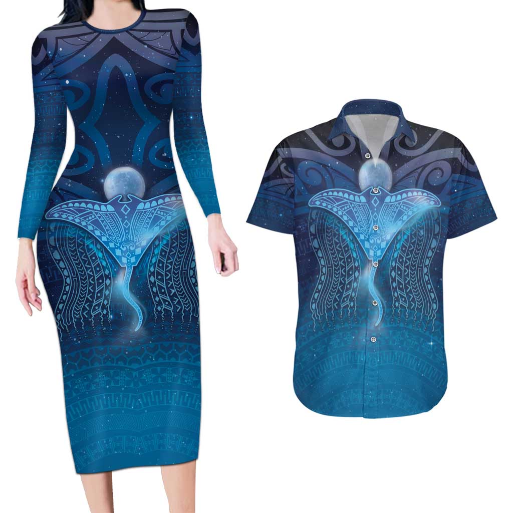 Polynesia Manta Ray Couples Matching Long Sleeve Bodycon Dress and Hawaiian Shirt Let's The Sea Set You Free LT05 Blue - Polynesian Pride