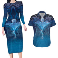 Polynesia Manta Ray Couples Matching Long Sleeve Bodycon Dress and Hawaiian Shirt Let's The Sea Set You Free LT05 Blue - Polynesian Pride