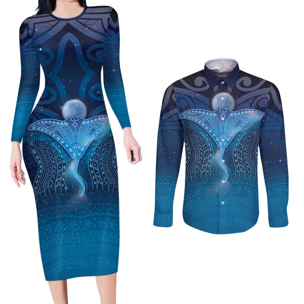 Polynesia Manta Ray Couples Matching Long Sleeve Bodycon Dress and Long Sleeve Button Shirt Let's The Sea Set You Free LT05 Blue - Polynesian Pride