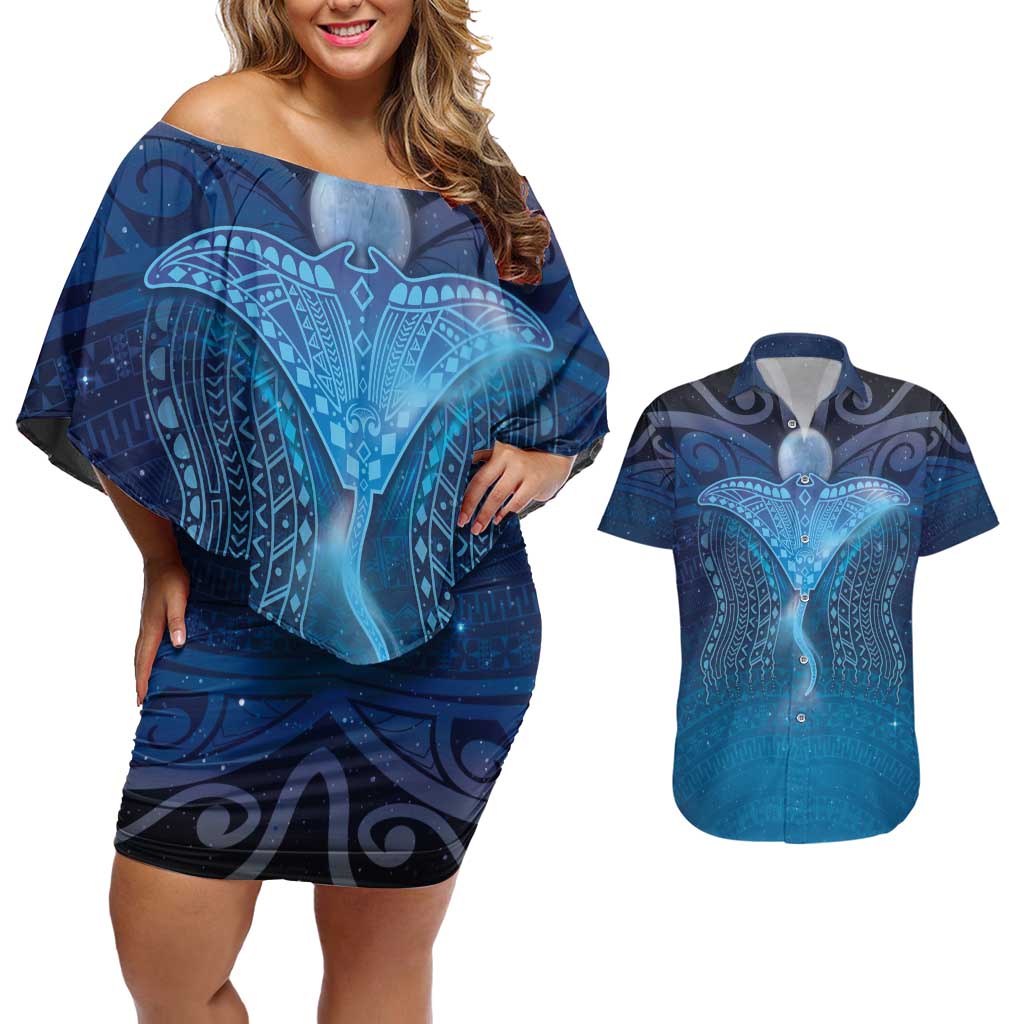 Polynesia Manta Ray Couples Matching Off Shoulder Short Dress and Hawaiian Shirt Let's The Sea Set You Free LT05 Blue - Polynesian Pride