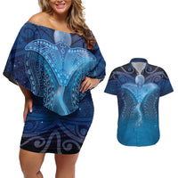 Polynesia Manta Ray Couples Matching Off Shoulder Short Dress and Hawaiian Shirt Let's The Sea Set You Free LT05 Blue - Polynesian Pride