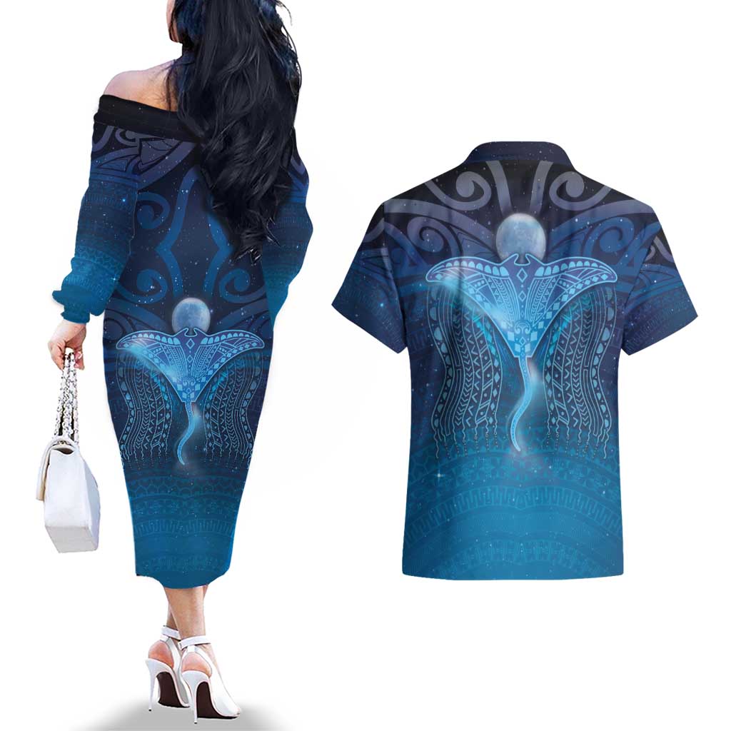 Polynesia Manta Ray Couples Matching Off The Shoulder Long Sleeve Dress and Hawaiian Shirt Let's The Sea Set You Free LT05 - Polynesian Pride