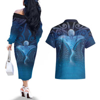 Polynesia Manta Ray Couples Matching Off The Shoulder Long Sleeve Dress and Hawaiian Shirt Let's The Sea Set You Free LT05 - Polynesian Pride