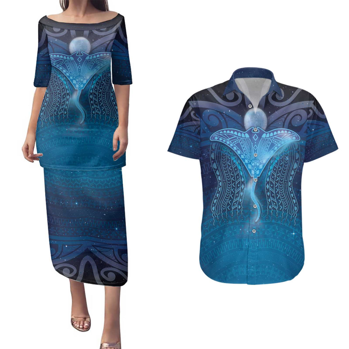 Polynesia Manta Ray Couples Matching Puletasi and Hawaiian Shirt Let's The Sea Set You Free - Polynesian Pride