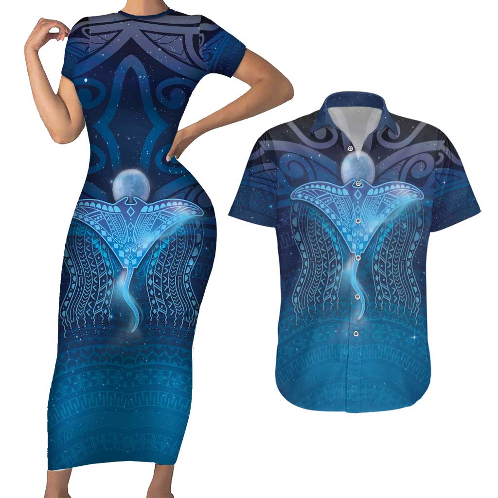 Polynesia Manta Ray Couples Matching Short Sleeve Bodycon Dress and Hawaiian Shirt Let's The Sea Set You Free LT05 Blue - Polynesian Pride