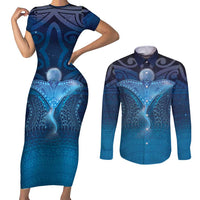 Polynesia Manta Ray Couples Matching Short Sleeve Bodycon Dress and Long Sleeve Button Shirt Let's The Sea Set You Free LT05 Blue - Polynesian Pride