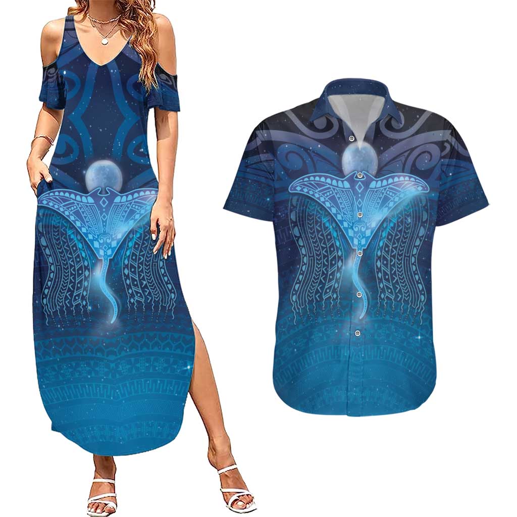 Polynesia Manta Ray Couples Matching Summer Maxi Dress and Hawaiian Shirt Let's The Sea Set You Free LT05 Blue - Polynesian Pride
