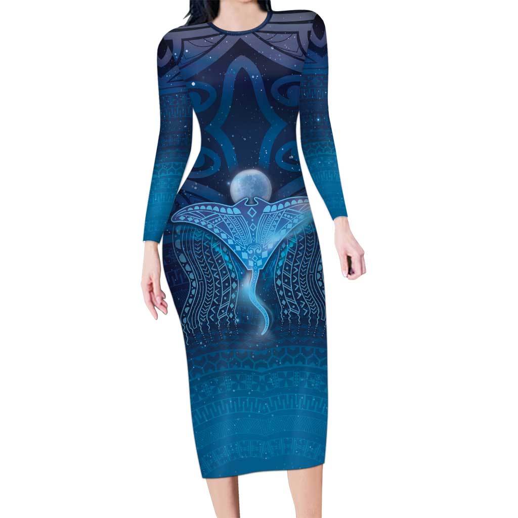 Polynesia Manta Ray Family Matching Long Sleeve Bodycon Dress and Hawaiian Shirt Let's The Sea Set You Free LT05 Mom's Dress Blue - Polynesian Pride