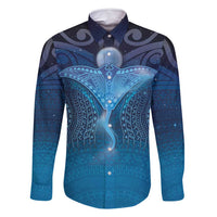 Polynesia Manta Ray Family Matching Mermaid Dress and Hawaiian Shirt Let's The Sea Set You Free LT05 Dad's Shirt - Long Sleeve Blue - Polynesian Pride