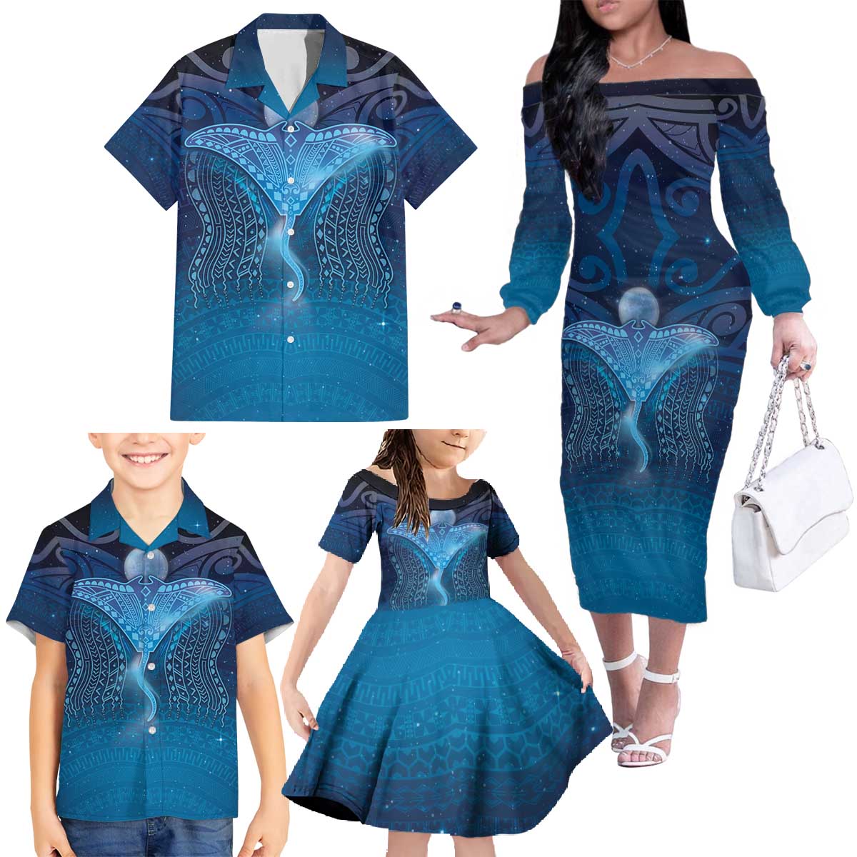 Polynesia Manta Ray Family Matching Off The Shoulder Long Sleeve Dress and Hawaiian Shirt Let's The Sea Set You Free LT05 - Polynesian Pride