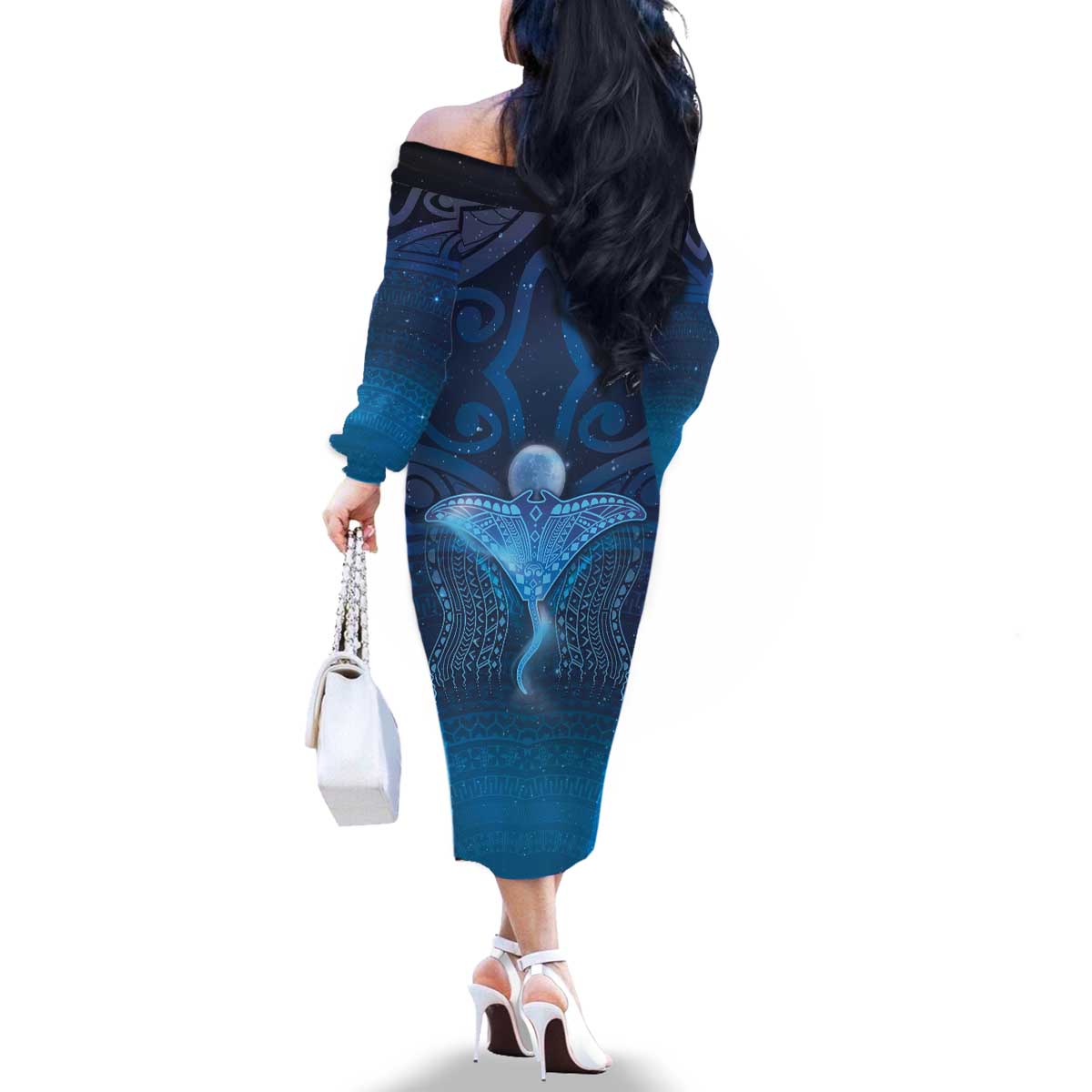 Polynesia Manta Ray Family Matching Off The Shoulder Long Sleeve Dress and Hawaiian Shirt Let's The Sea Set You Free LT05 - Polynesian Pride