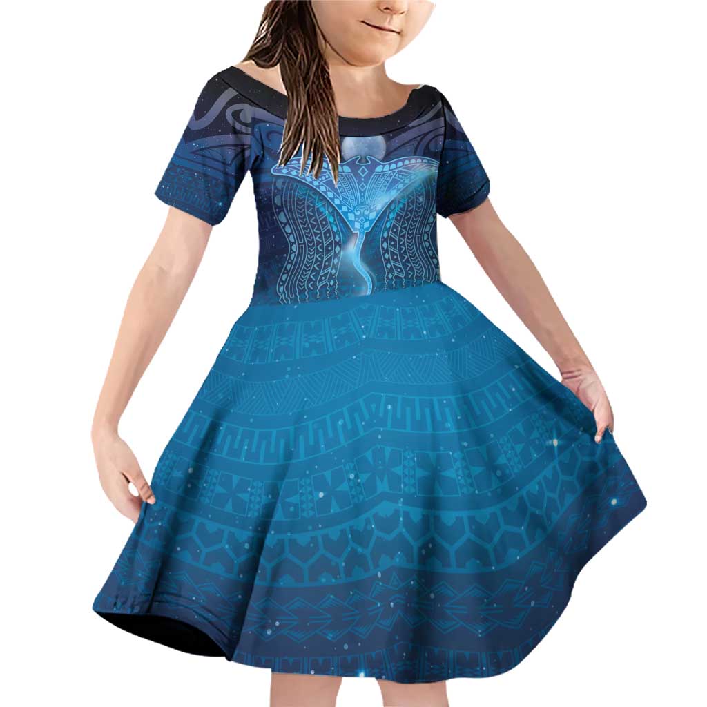 Polynesia Manta Ray Family Matching Off Shoulder Short Dress and Hawaiian Shirt Let's The Sea Set You Free LT05 Daughter's Dress Blue - Polynesian Pride