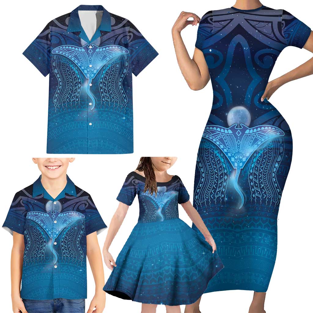 Polynesia Manta Ray Family Matching Short Sleeve Bodycon Dress and Hawaiian Shirt Let's The Sea Set You Free LT05 - Polynesian Pride